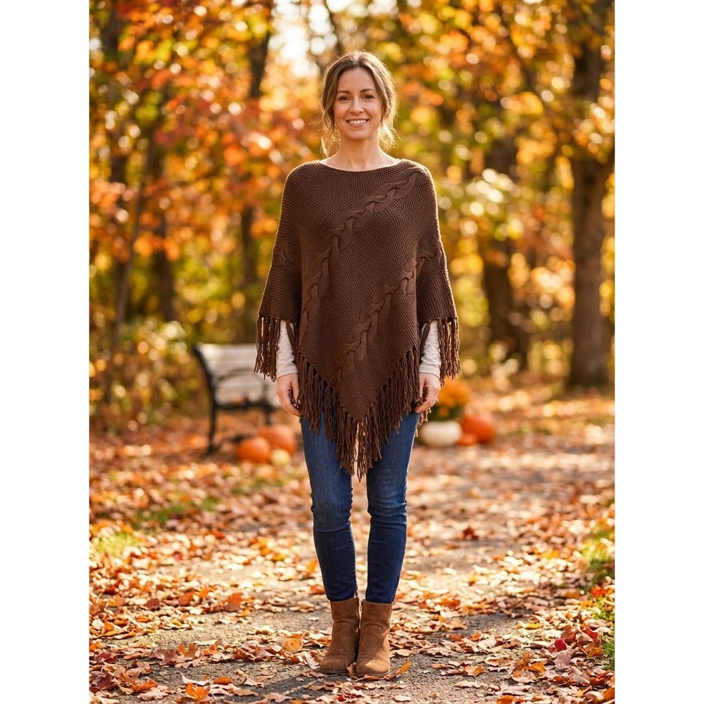 INC International Concepts Brown Cable Knit Fringe Poncho Roasted Chestnut SM